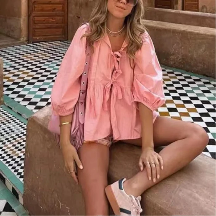 

Модный летний кардиган 2024 года с круглым вырезом, свободного кроя, с рукавами-фонариками, с поясом, сексуальный прозрачный дизайн, из хлопка, женский.