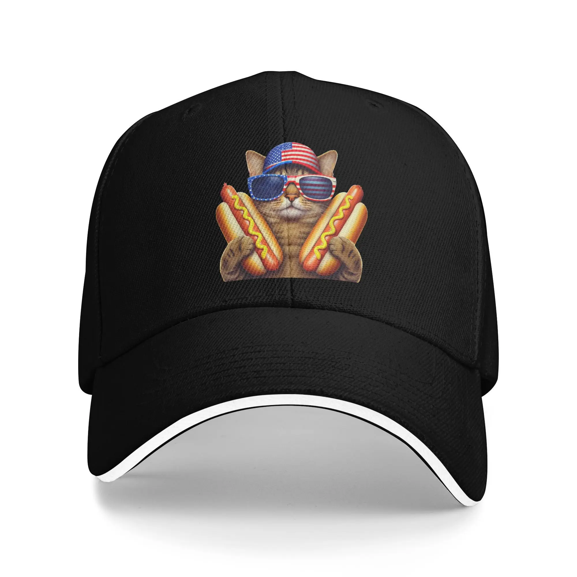 

Summer 4th of July Hotdog Cat Funny Patriotic Cat USA Flag Baseball Cap Sun Trucker Hat Unisex-Teens Sun-Proof Snapback Cap