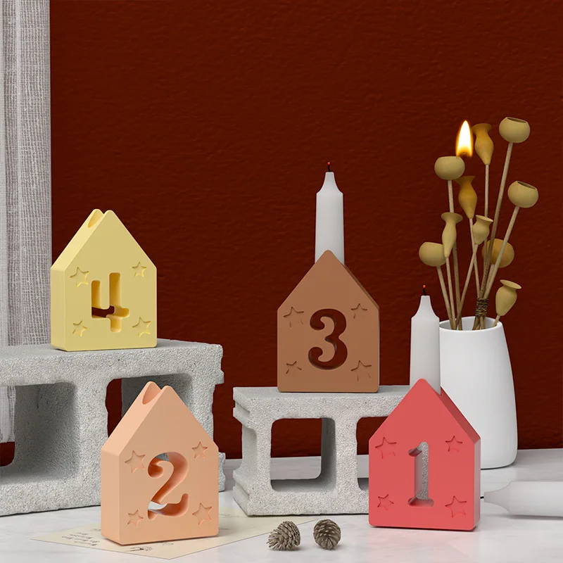 Christmas Candlestick Silicone Molds DIY Numbers 1234 House Star Candle Holder Plaster Concrete Mould Ornament Epoxy Resin Mold