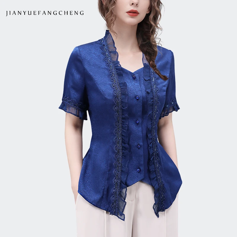 Vintage Jacquard Women' Summer Short Sleeve Square Neck Floral Shirt With Lace Edge Elegant Slim Ladies Work Casual Blouses