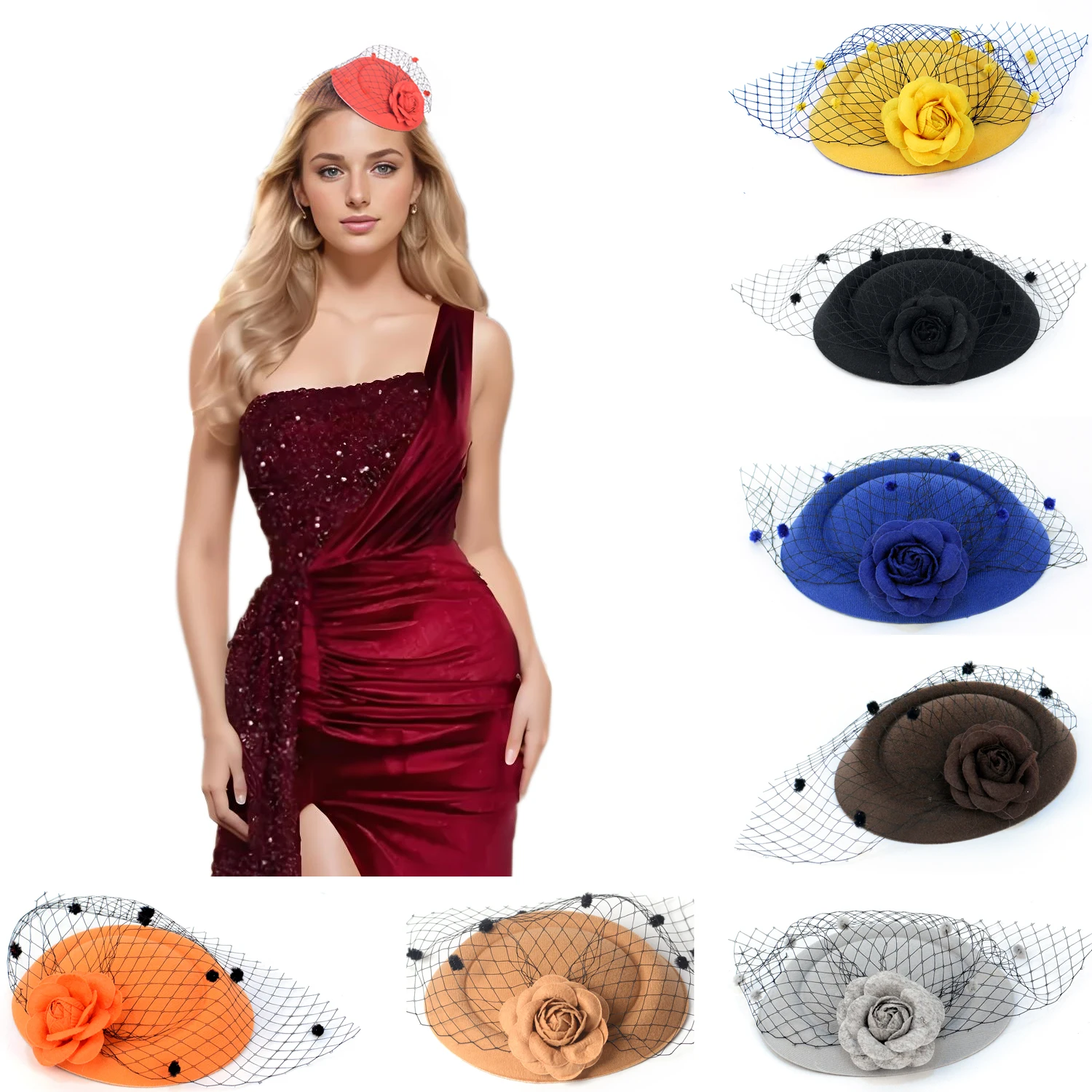 

Classical Rose Veil Pillbox Hat Hair Clip Accessories Fascinators For Women Girl Tea Party Bridal Wedding Dress
