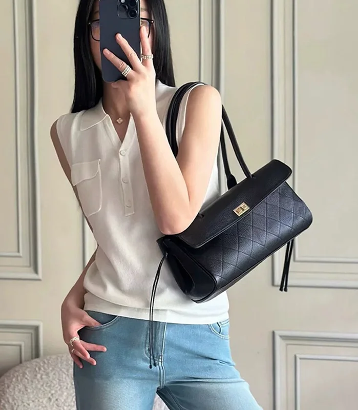 CLAREGQI  2026 New Genuine Leather Quilted Shoulder Bag for Women, Structured Top Handle Handbag, Lock Design Tote Purse, Multip - view 2