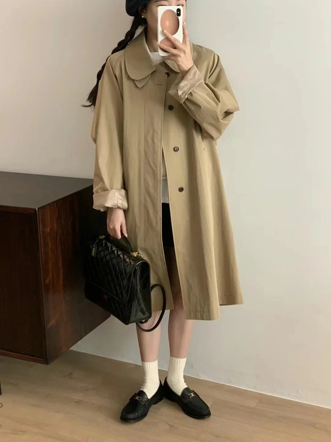 

2023 New Autumn Style Loose Casual Lapel Single-breasted Solid Color Mid-length Trench Jacket for Women