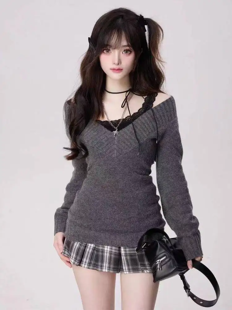 

Autumn Winter Woman Gyaru Coquette V-neck French Vintage Sweater Long Sleeve Pullovers Knitwears 2000s Aesthetic Old Money Thick