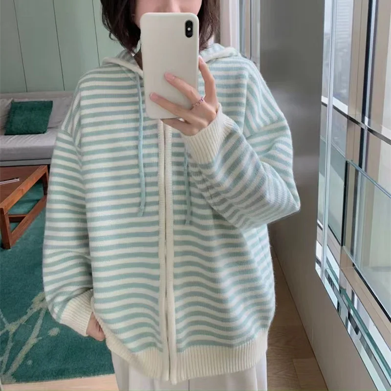 Contrast Striped Hooded Pink Cardigan Sweet Casual All Match Knitted Cardigans Sweet Sweaters E2386