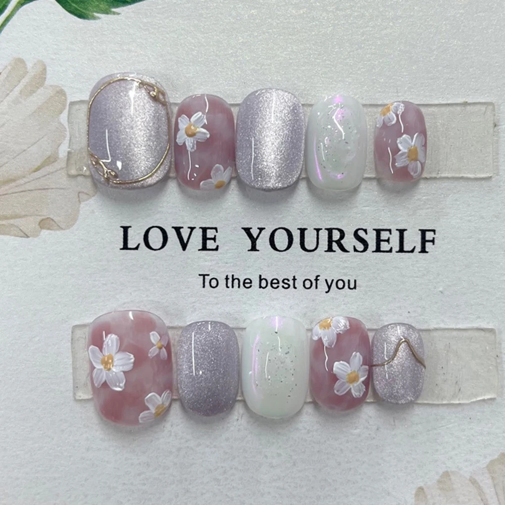 Handmade Romantic Flowers Butterfly Short Square Acrylic False Nails Golden Edge Cat Eyes Gradients Wearable Manicure Nail Tips