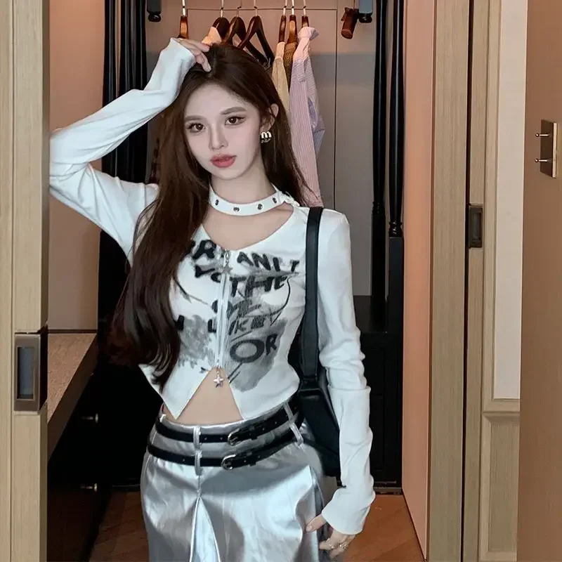 تي شيرت نسائي مثير بفتحات رقبة دائرية تي شيرت نسائي للخريف فاسق مثير للفتيات بأكمام طويلة تي شيرت Ulzzang بسحّاب أنيق Y2k قطع علوية قصيرة ملابس خروج جديدة