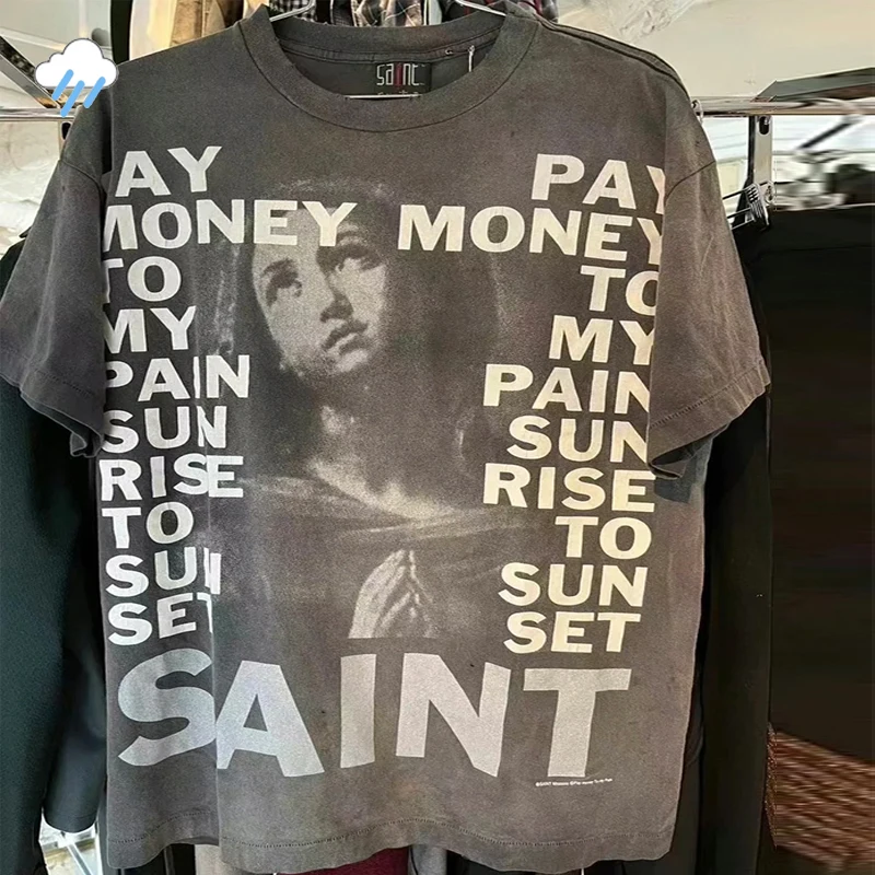 

2024 Summer Style Vintage Washed Black Pay Money To My Pain Saint T Shirt Men Women 100% Cotton High Street Oversize T-Shirt Tee