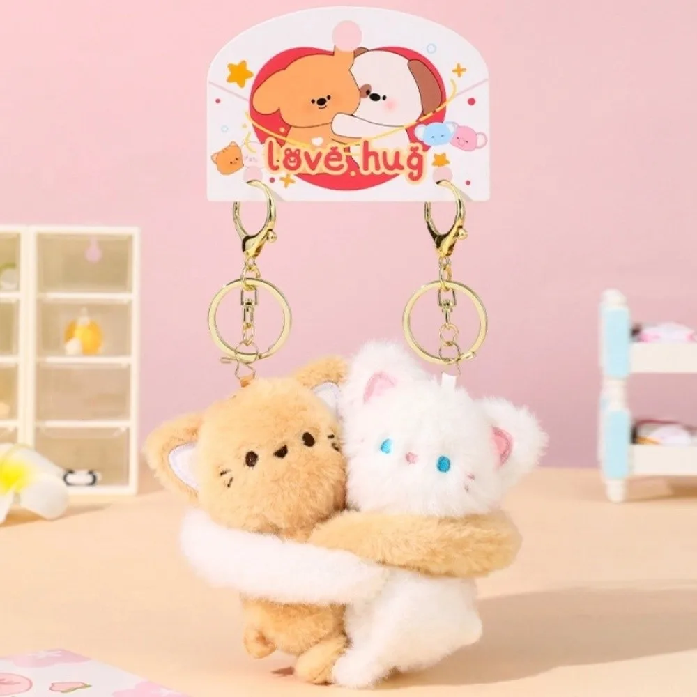 Backpack Decoration Couple Cartoon Keychains Stickable Stuffed Animal Cat Dog Plush Dolls Embrace Love Hug Plushies Toys