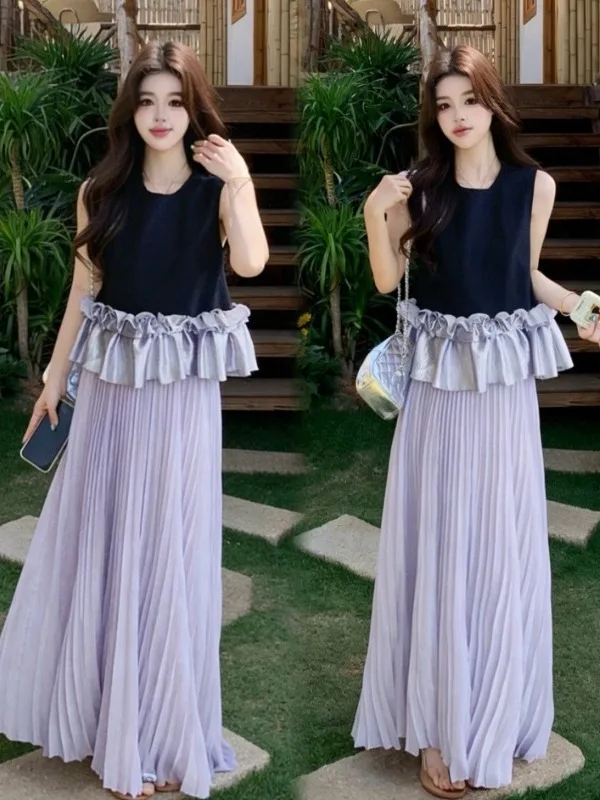 

plus Size Summer Outfit Elegant Sleeveless Ruffle Top And Midi Skirt Two Piece Set Versatile for Plump Women Commute Style
