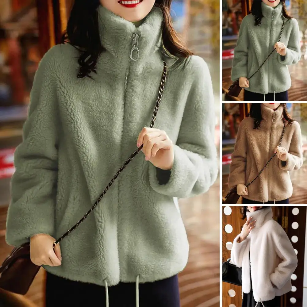 Femmes hiver Double corail polaire manteau chaud col montant en peluche épais pardessus femme mode décontracté à manches longues fermeture éclair vêtements