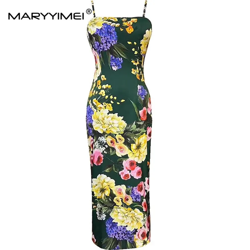 Maryimei New Fashion Designer women\'s 2024 Summer New Silk Spaghetti Strap Dress Sexy Floral Printed Split Hip Wrap Dress