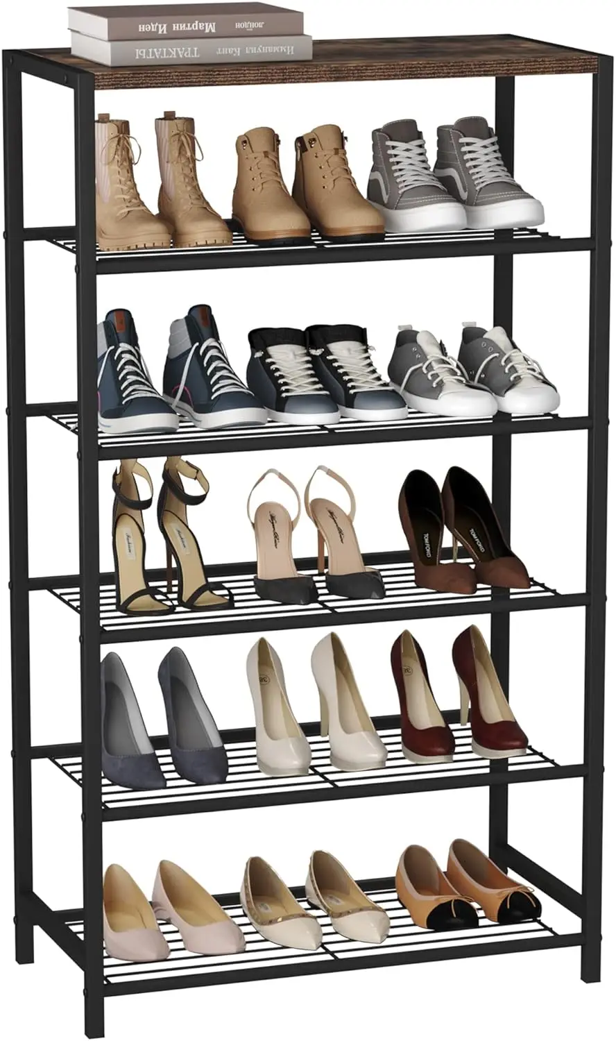 

6-Tier Shoe Rack with Durable Metal Shelves, Narrow Storage Shelf for Closet Entryway, Rustic Brown