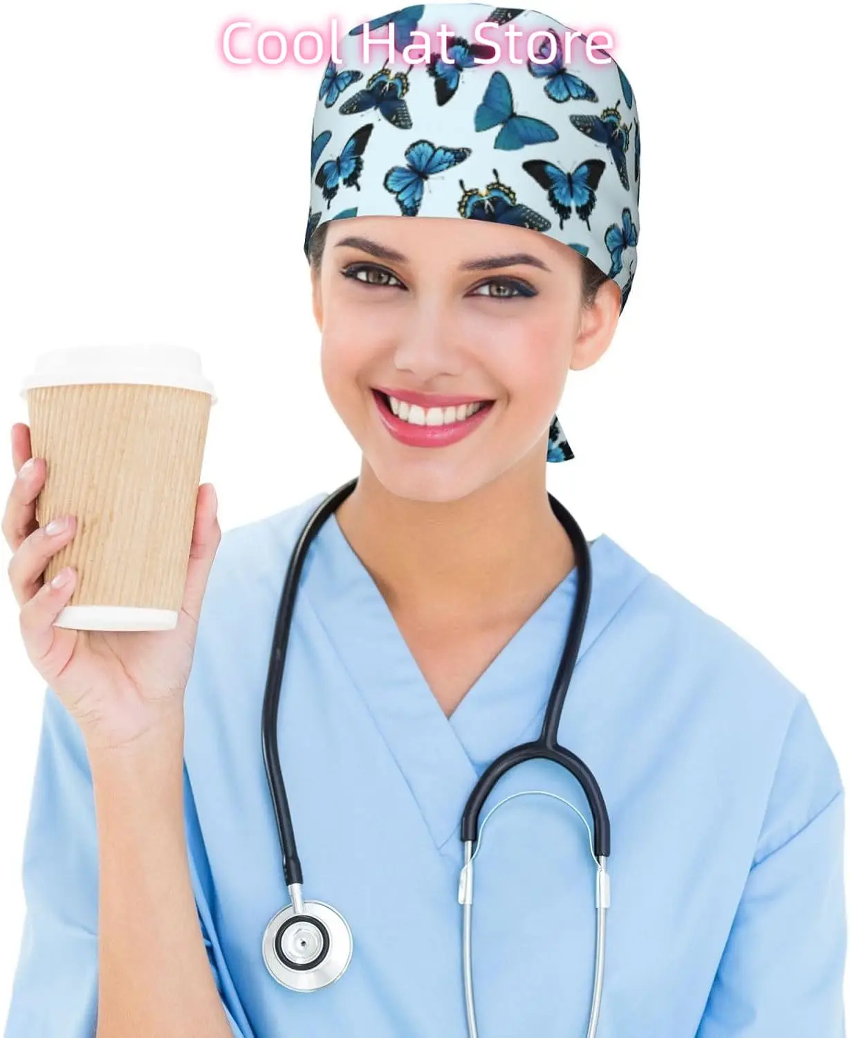 Topi Kerja Kupu-kupu Biru dengan Pita Penahan Keringat Nyaman dan Bernapas Dapat Disesuaikan untuk Topi Scrub Pria Wanita