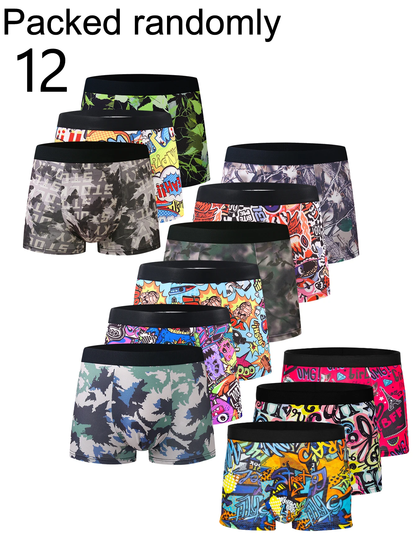 12-Pack Men's Boxer Shorts Camouflage Cartoon Graffiti Print Youth Fashion Waist Casual Shorts Multiple Colors Random Delivery