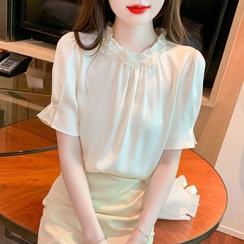 

Premium Summer Women's Loose Fit Ruffle Sleeveless Blouse French Style Elegant Short Sleeve Top for Casual Chic Outfits