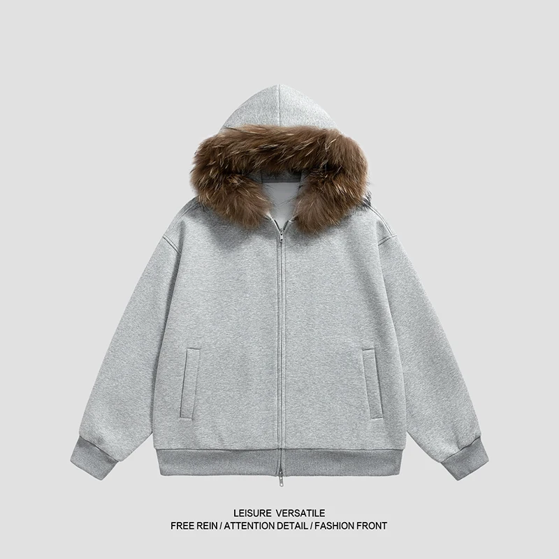 

Men's Warm Zip - Up Hoodie with Faux Fur Hood Feature: Fit for Autumn Orchards, Winter Festivals & Group Hangouts