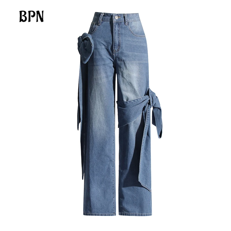 

BPN Solid Patchwork Bowknot Casual Denim Trousers For Women High Waist Spliced Pockets Minimalist Loose Straight Pants Female