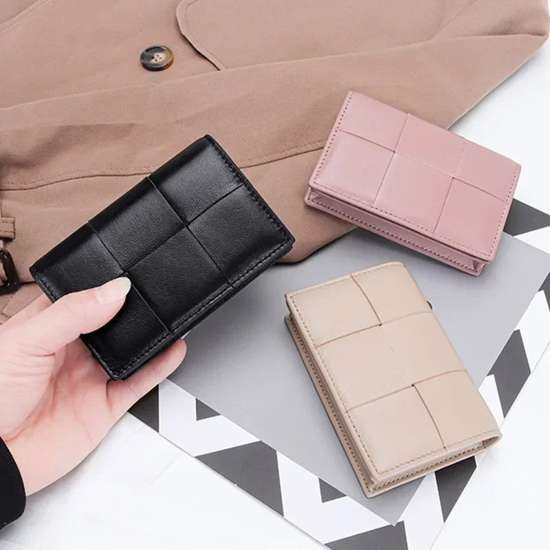 

Sheepskin Braided Card Holder Women Bifold Leather Bank Credit Card Case Wallets Coin Purse Men Unisex Business Name Card Bag