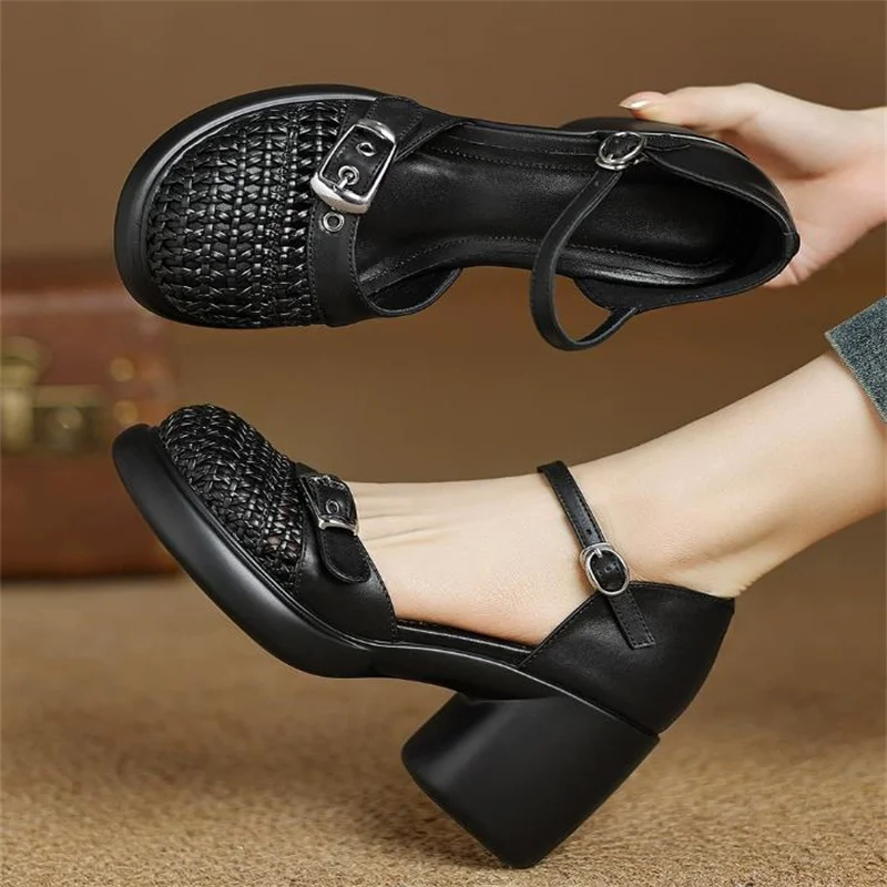 

Летняя женская обувь 8 см, римские сандалии на высоком каблуке, босоножки на массивном каблуке из коровьей кожи в стиле ретро с повязкой на голову и ремешком на одно плечо