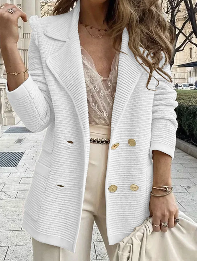 Jackets for Women 2025 Spring Autumn Fashion Textured Double Breasted Solid Color Elegant Notch Collar Long Sleeve Jacket Coat