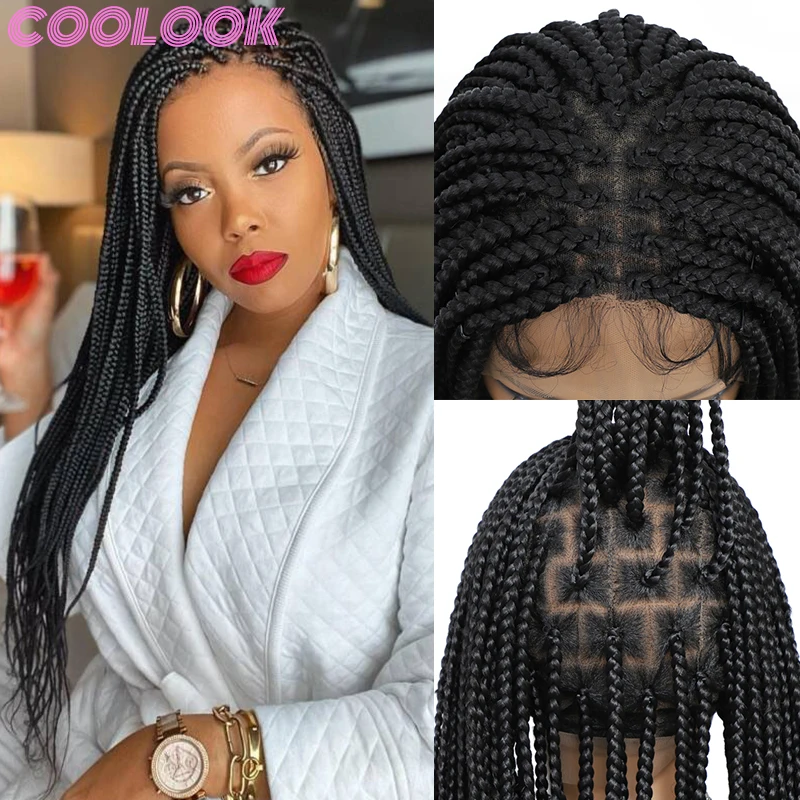 

360 Knotless Braids Full Lace Wig 36'' Long Box Braided Lace Front Wigs with Baby Hair Ombre Synthetic Lace Frontal Women's Wig