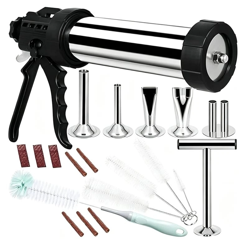 PORK-Meat Pusher& Cleaning Brushes Included In Hand-Held Sausage Stuffer Kit, Sausage Maker With 5 Nozzles For Home Use
