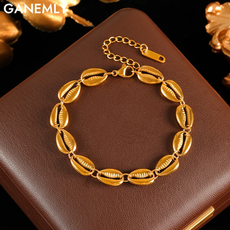 

GANEMLY 316L Stainless Steel Metal Gold Color Shell-shaped Wrist Chain Bracelet For Women Waterproof Trendy Gift Jewelry Bijoux