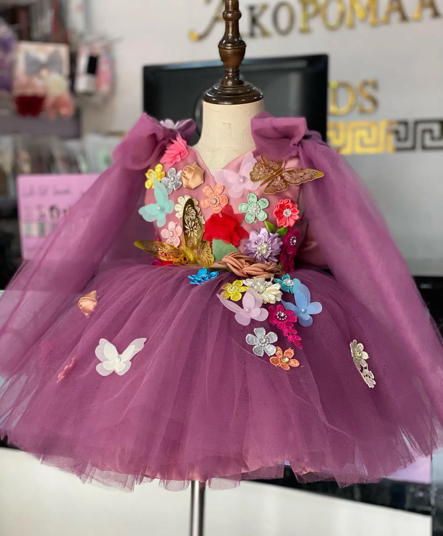 Purple 3D Flower Girl Dress For Wedding Party Butterfly Princess First Communion Dress Birthday Gowns