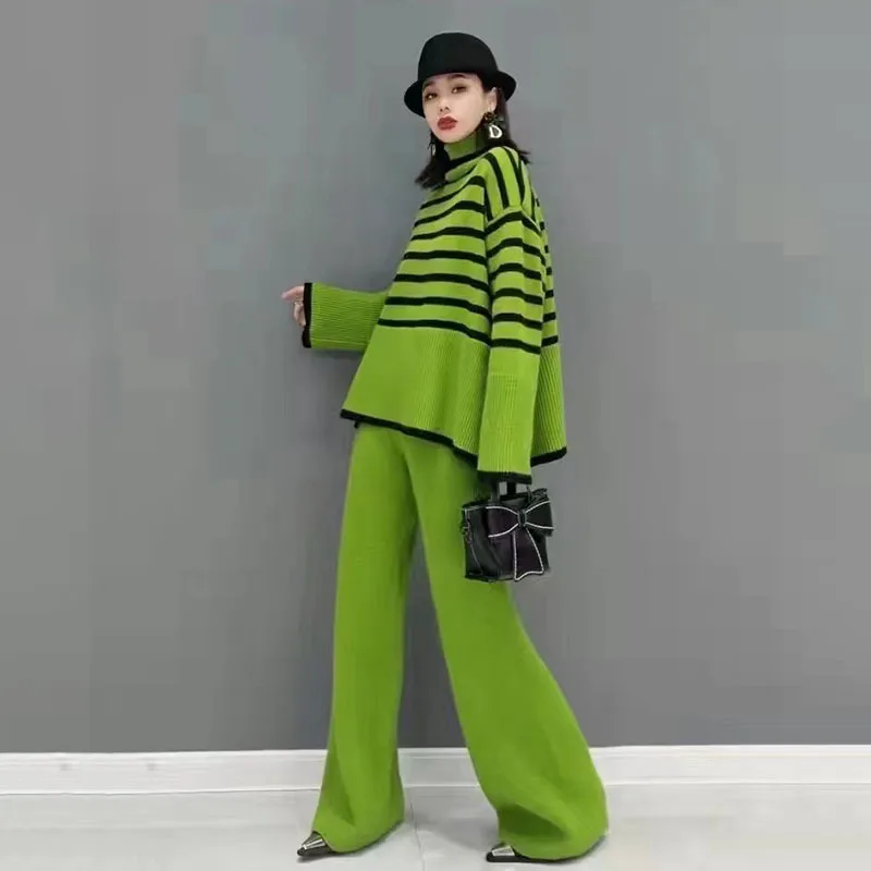 Autumn and Winter Two Piece Set for Women Turtleneck Sweater Loose Stripes Tops+Pant Sets Lazy Sweater for Women Wide Leg Pants