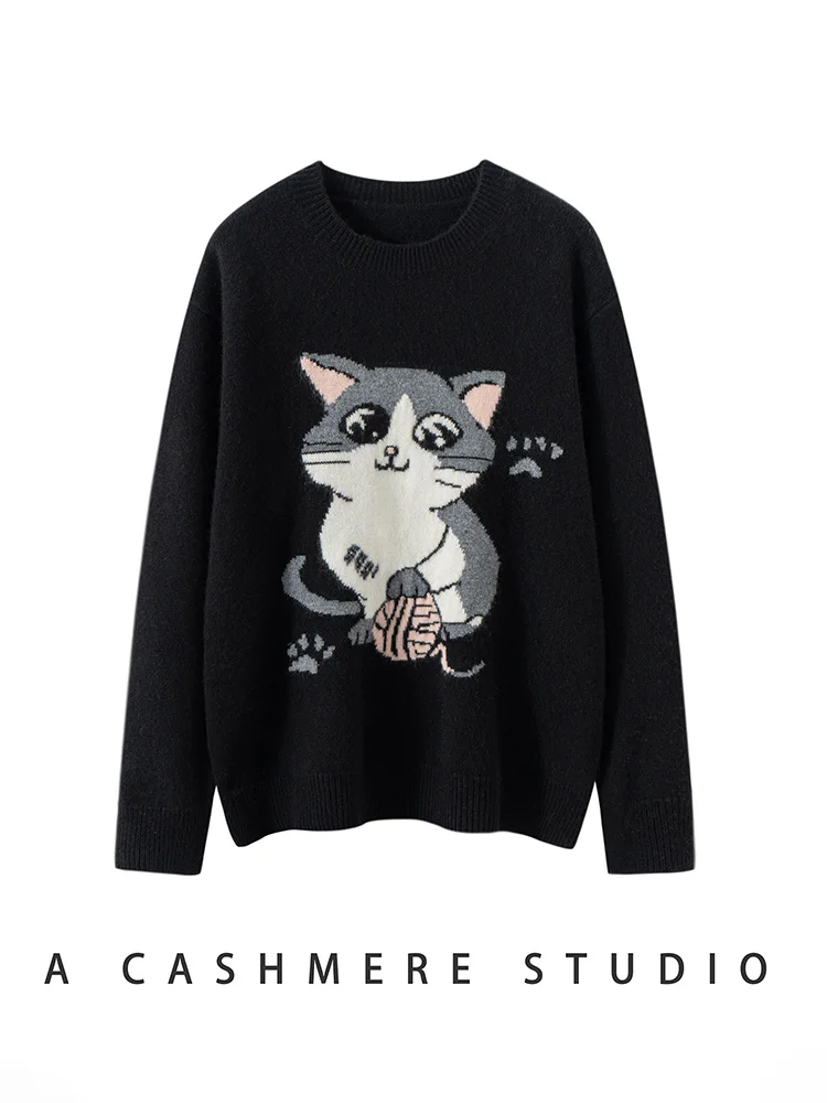 

TLOML Women's 100% Cashmere Sweater O-neck Hand Embroidered Cartoon Cat Pullover Autumn Winter Soft Thick Cashmere Knitwear Tops