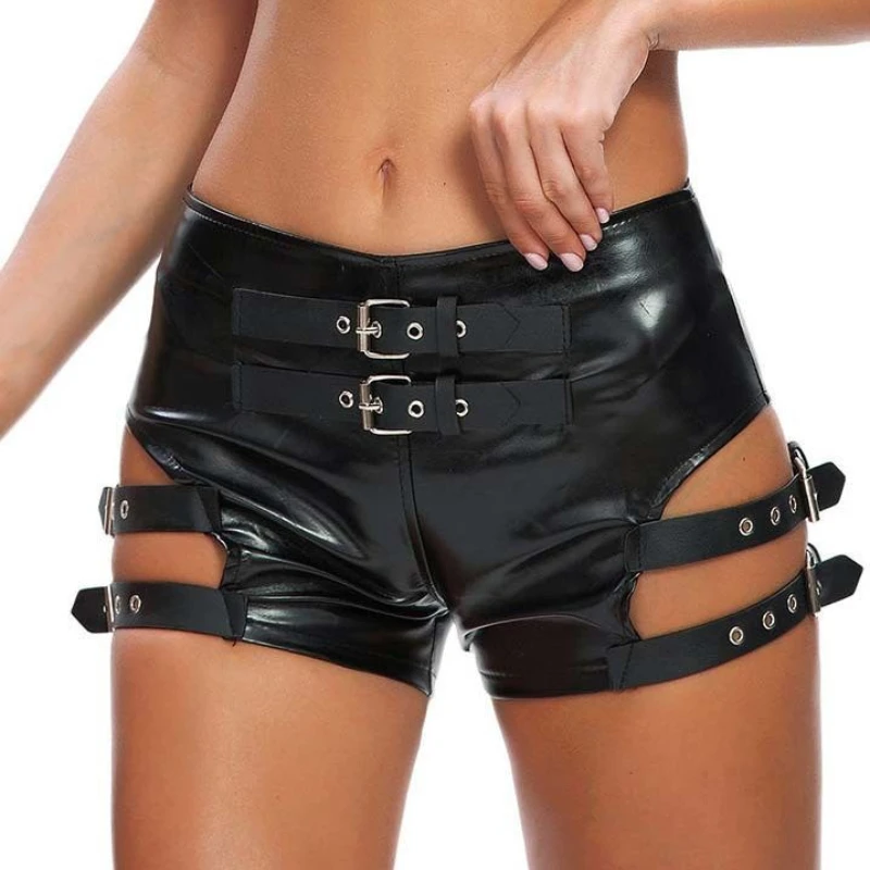 Women's Shorts 2025 Summer Fashion New Leather Elastic Hollow Out Shorts Sexy Club Nightclub Tight Mini Trousers Streetwear Y2K