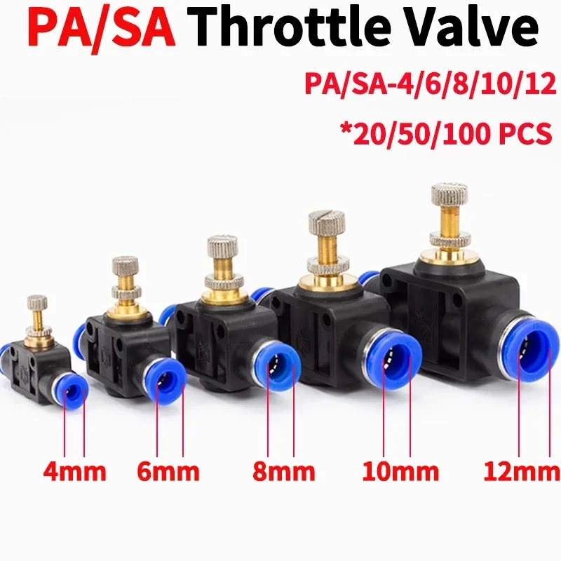 

20/50/100 PCS PA/SA Throttle Valve SA4 6 8 10 12mm Air Flow Speed Control Valve Tube Water Hose Pneumatic Push In Fittings