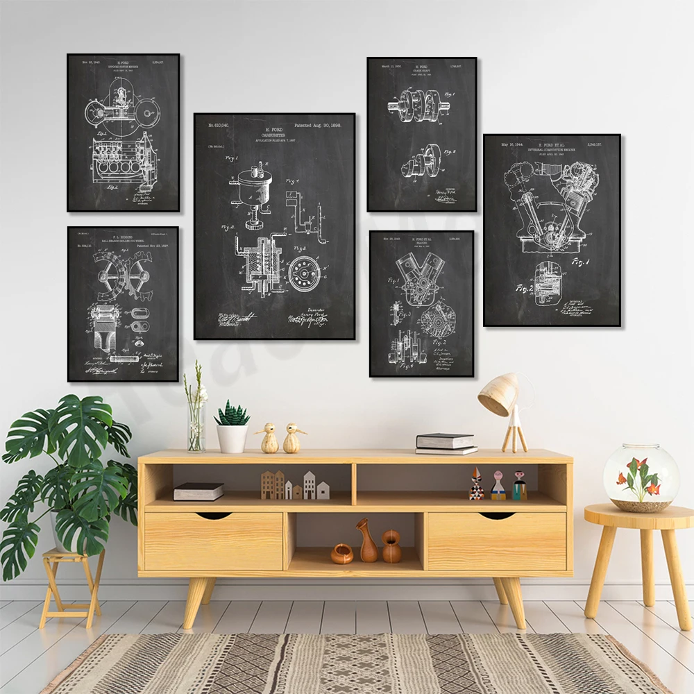 Garage patent prints, internal combustion engines, machinery gifts, printable car engine blueprints, car decoration posters