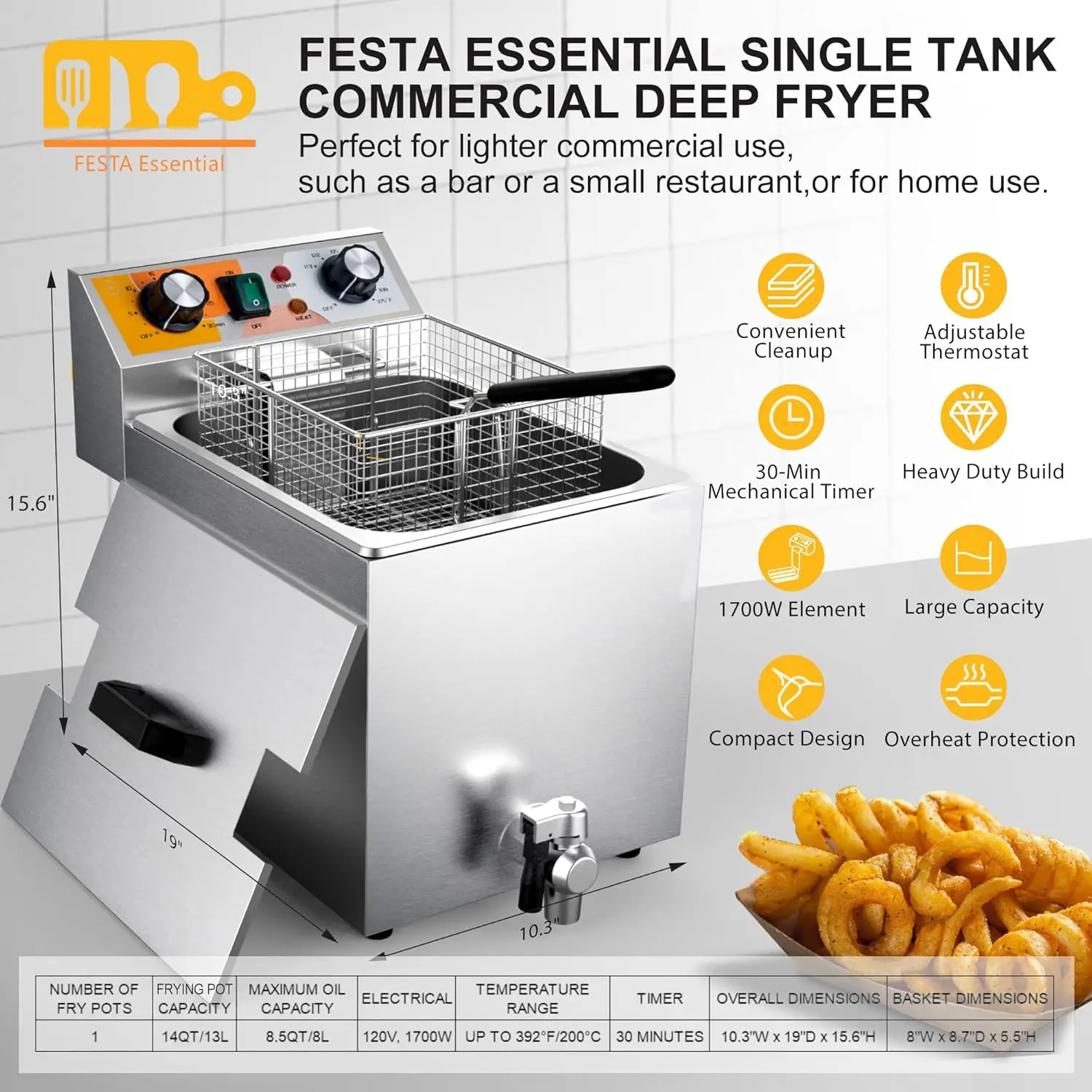 14 qt. Friteuse commerciale à seau électrique, 6.8 qt Mir en acier inoxydable pour restaurant et maison, 120V, 1700W