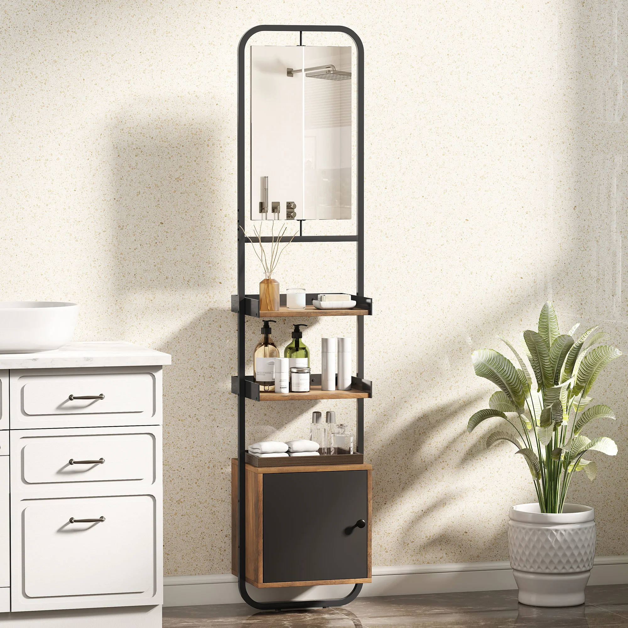 HOMCOM Mueble de baño con columna de almacenamiento, espejo, bandejas ajustables y armario, madera y metal, 40x30x179, Negro