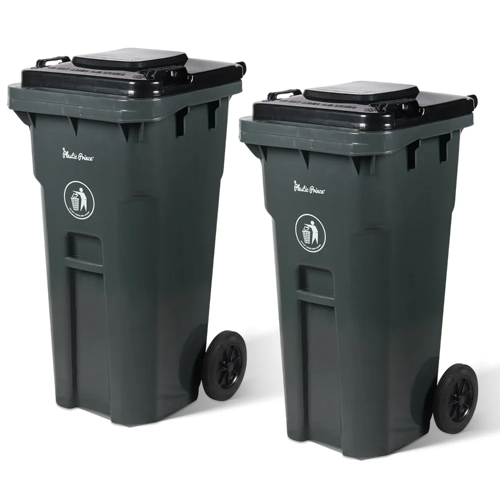 32 Gallon Rollout Trash Can with Lid, Commercial Heavy-Duty Wheeled Outdoor Garbage Can, Gray 2 Pack