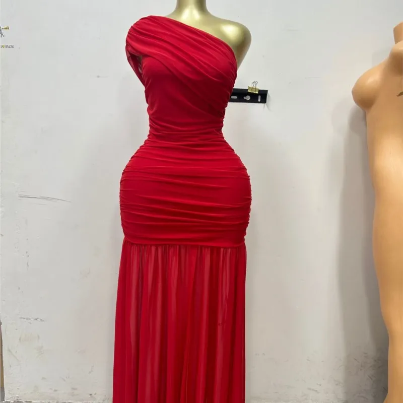 Women Long Dress Elegant Summer Sleeveless Slope Neck Pleated Slim Fit Slit Party Dresses One Shoulder High Waist Evening Dress