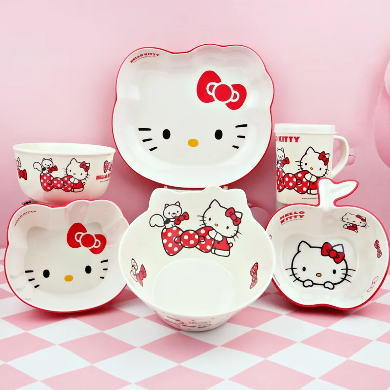 Sanrio Anime Bowl Plate Hello Kitty Cartoon Kawaii Cute Diamine Material Tableware Heat-Resistant Anti-Fall Girls Toys Girls