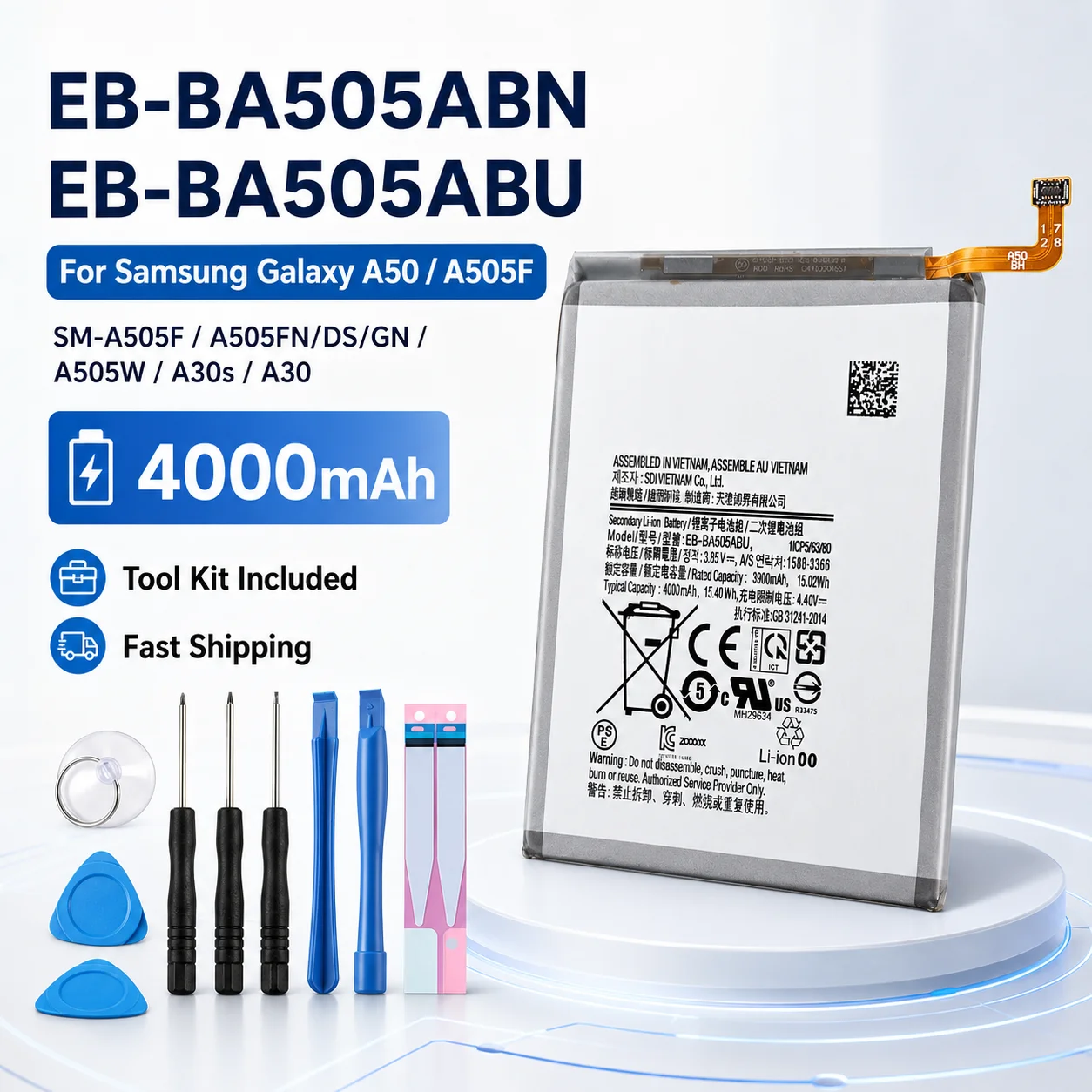 High Capacity Replacement Battery EB-BA505ABU 4000mAh Repair Tools Kit For Samsung A50 A30 A505FN DS GN