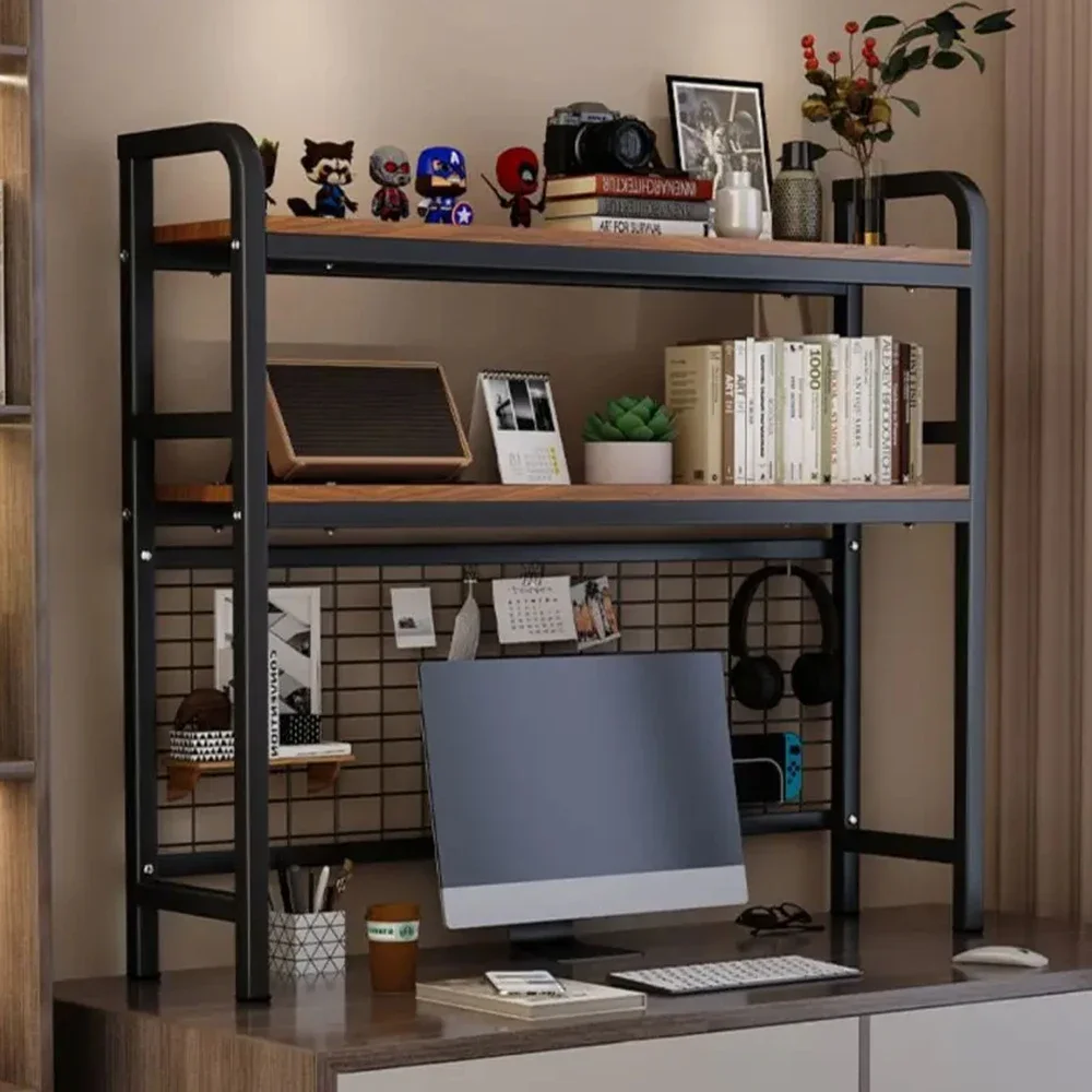 

Desktop Multi-Layer Wrought Iron Shelf Bookcase With Grid Bookshelf Table Hole Board Table Wooden Shelves Student Computer Desk