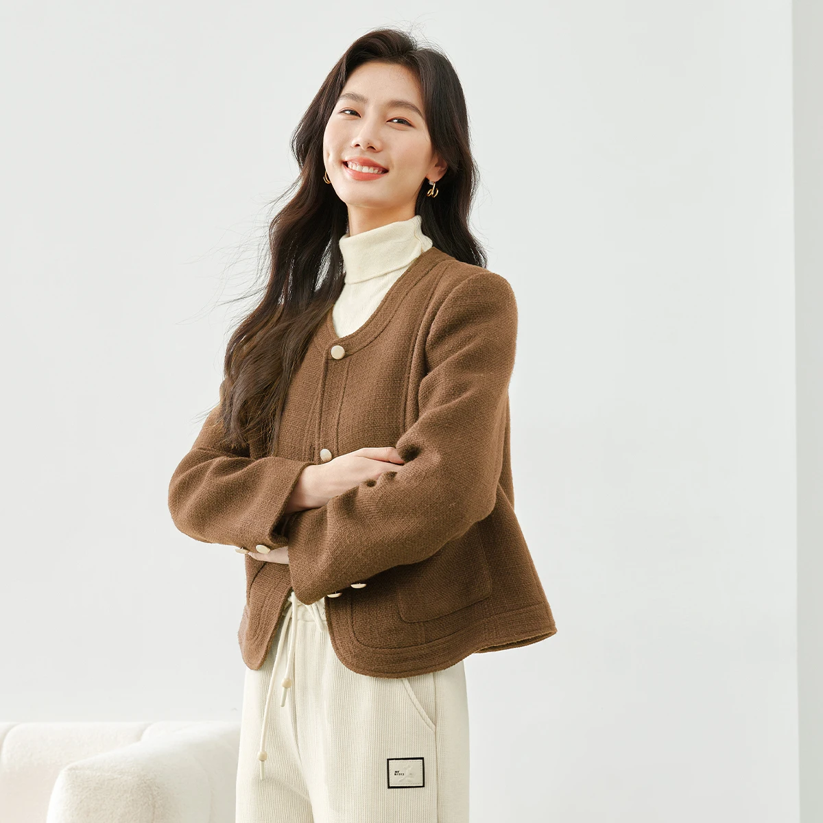 Vimly Women's Tweed Jacket 2025 Autumn Round Neck Single-Breasted H-Line Long Sleeves Coat Elegant-style Warmth Overcoat A0057