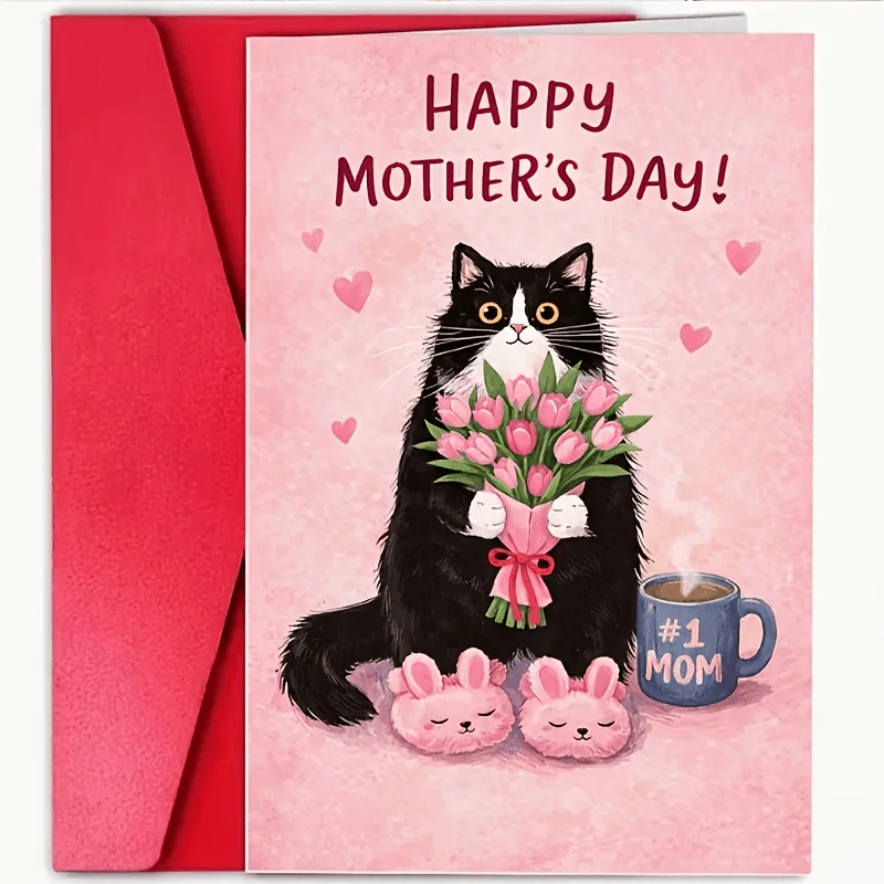 Warm Mother's Day Greeting Card, Featuring a Black and White Cat Holding Pink Tulips and Coffee, "To the Best Mom," Suitable for Giving to Your Mother, a Hand-Drawn Illustration in a Healing Style for Mother's Day.