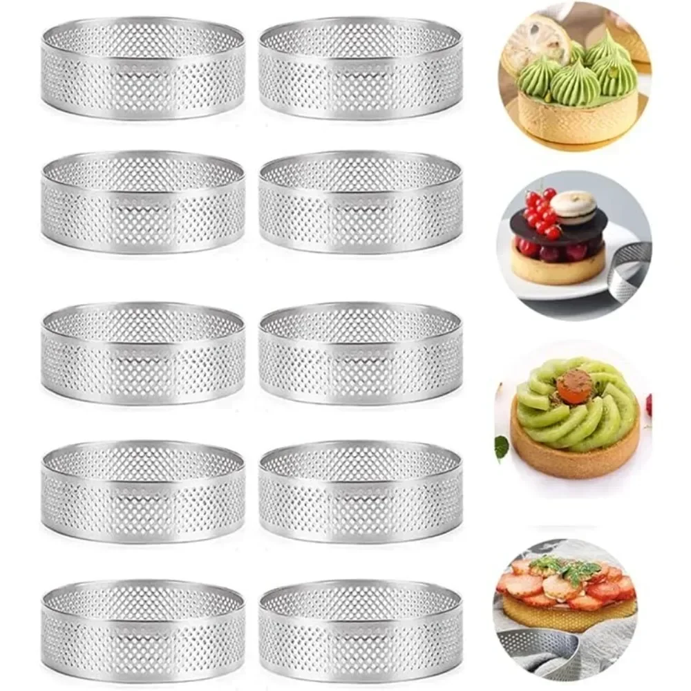 

10PCS Round Stainless Steel Tart Ring Heat-Resistant Perforated Molds DIY Mousse Fruit Pie Tartlet Doughnut Mold Kitchen Tools