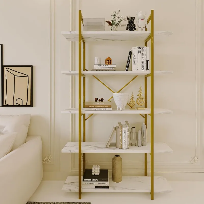 

FREE SHIP.5 Tiers Bookshelf Organizer White Faux Shelf,Modern Open Display Storage Bookcase, and Metal Bookshelf Standing