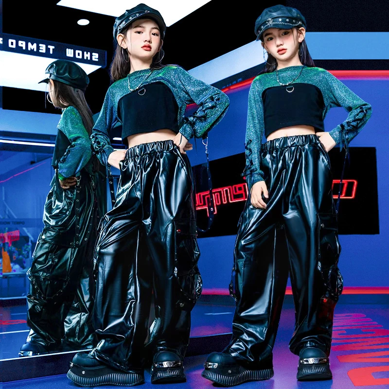 Hippe hiphop kleding voor meisjes, stijlvol streetdance kostuum, set met crop top en leren broek, kinder jazz outfit.