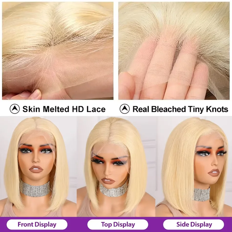 Blonde Straight 613 Short Lace Bob Wig 13×4 Transparent Lace Front Human Hair Wigs 180 Density Brazilian Straight Human Hair Wig