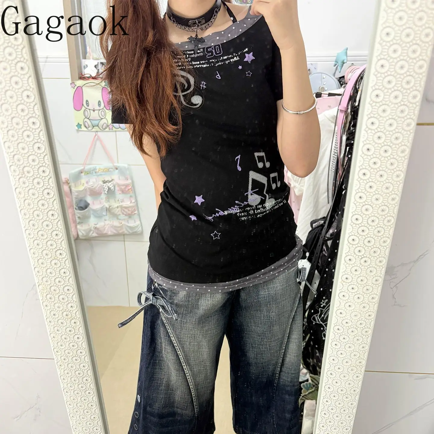 

Gagaok Ropa De Mujer, контрастная футболка в горошек с короткими рукавами и принтом Spicy Girl в американском стиле, новая летняя футболка с наклонными плечами