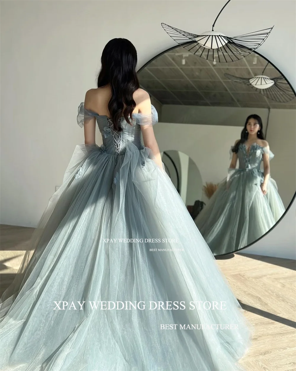 XPAY Fata Tulle Verde Corea Abiti da sposa con spalle scoperte Fiori 3D Abito da sposa Abito elegante senza maniche personalizzato per servizio fotografico