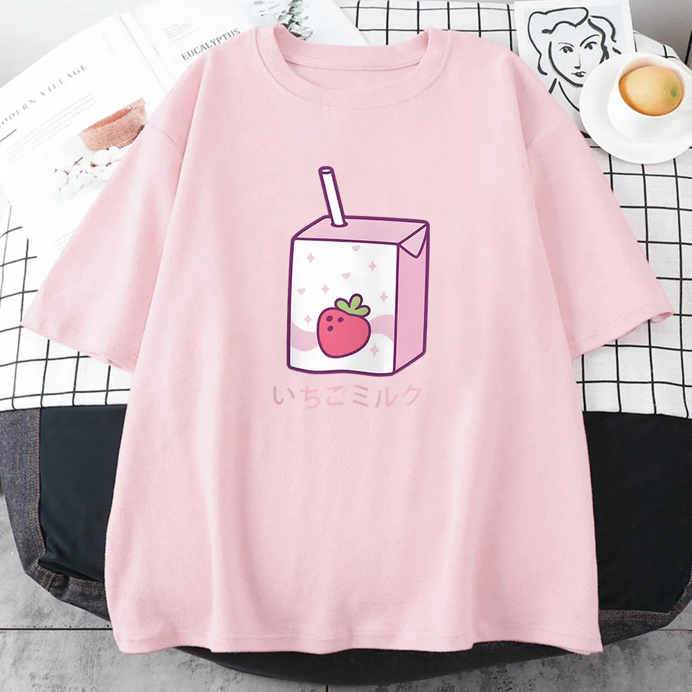 Strawberry Milk Cartoon Printing Tee-shirt Kawaii Graphic Clothing for Girls Cotton Short Sleeve Spring Tshirt Aesthetic Women